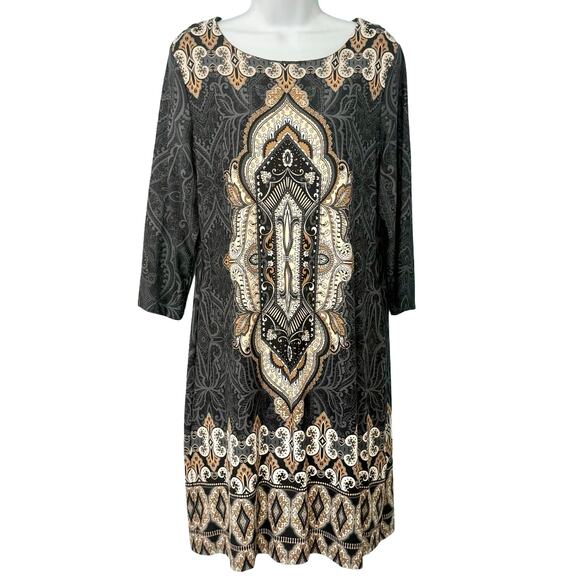 Charter Club Dresses & Skirts - Charter Club Gray Brown Cream Filigree 3/4 Sleeve Sheath Dress Petite size L PL